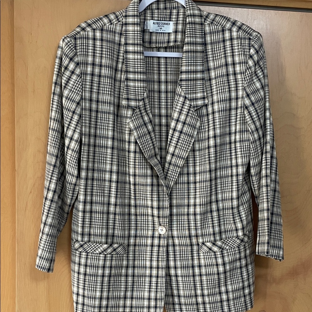 Vintage Alfred Dunner Navy and Cream Checkered Blazer 14 petite